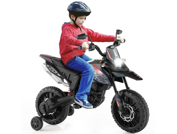 Kindermotorfiets met Aprilia-Licentie met 2 Zijwieltjes Kindervoertuig op Batterijen met Muziek Draadloze Functie en Vering-Blauw