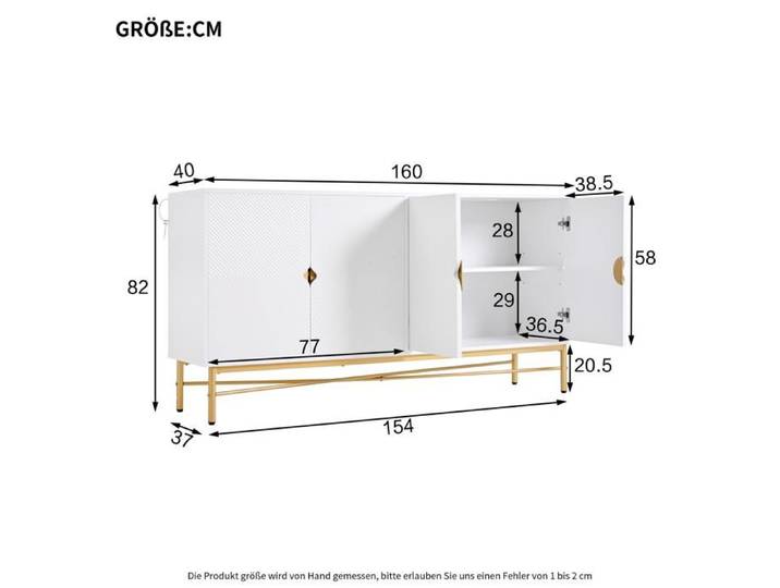 Buffet blanc avec portes en relief - Dimensions 160x40x82 cm - Quatre portes avec poignées dorées