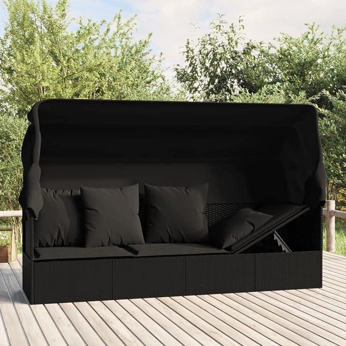 Gartensofa mit Dach und Kissen Gartensofa 3-Sitzer Rattan Sofa Balkonmöbel Lounge Sofa Outdoor Balkonsofa Sonnenliege Gartenmöbel Sonneninsel Gartenliege Lounge Gartenbank Gartenbett Schwarz