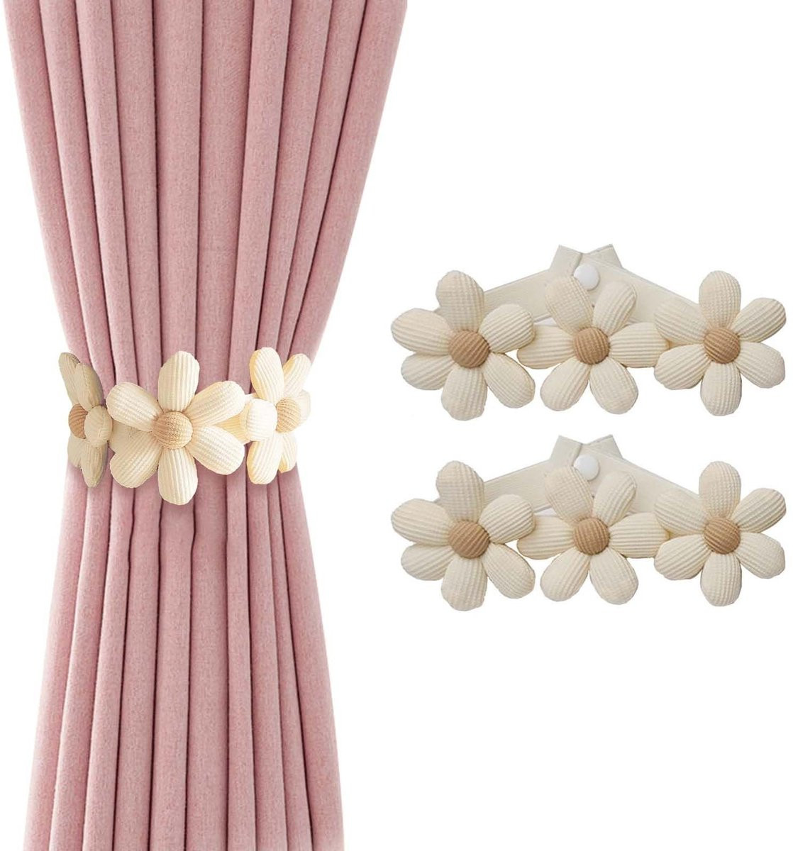 Allecto Gordijnhouders - Beige - Decoratieve bloemen embraces met elastische gordijnstrikken