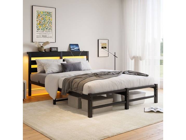 Lit 140x190 cm en métal lit double avec LED et USB Lit 140x190 sans matelas lit adulte 140x190 cm noir