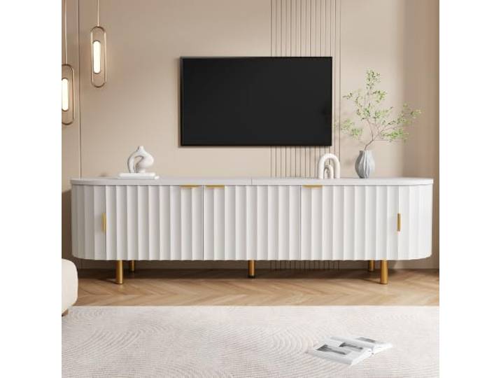 DUlVBPE TV-Lowboard aus MDF mit 5 Türen, geriffelter Front, abgerundeten Seiten, Eisenfüßen und Eisengriffen