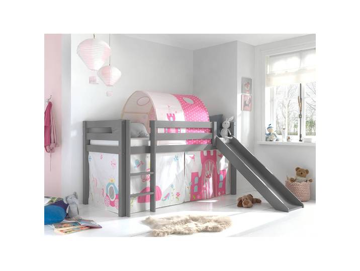 Spielbett Princess 90 x 200cm Grau/Kiefer Grau mit Rutsche/mit Tunnel/mit Leiter