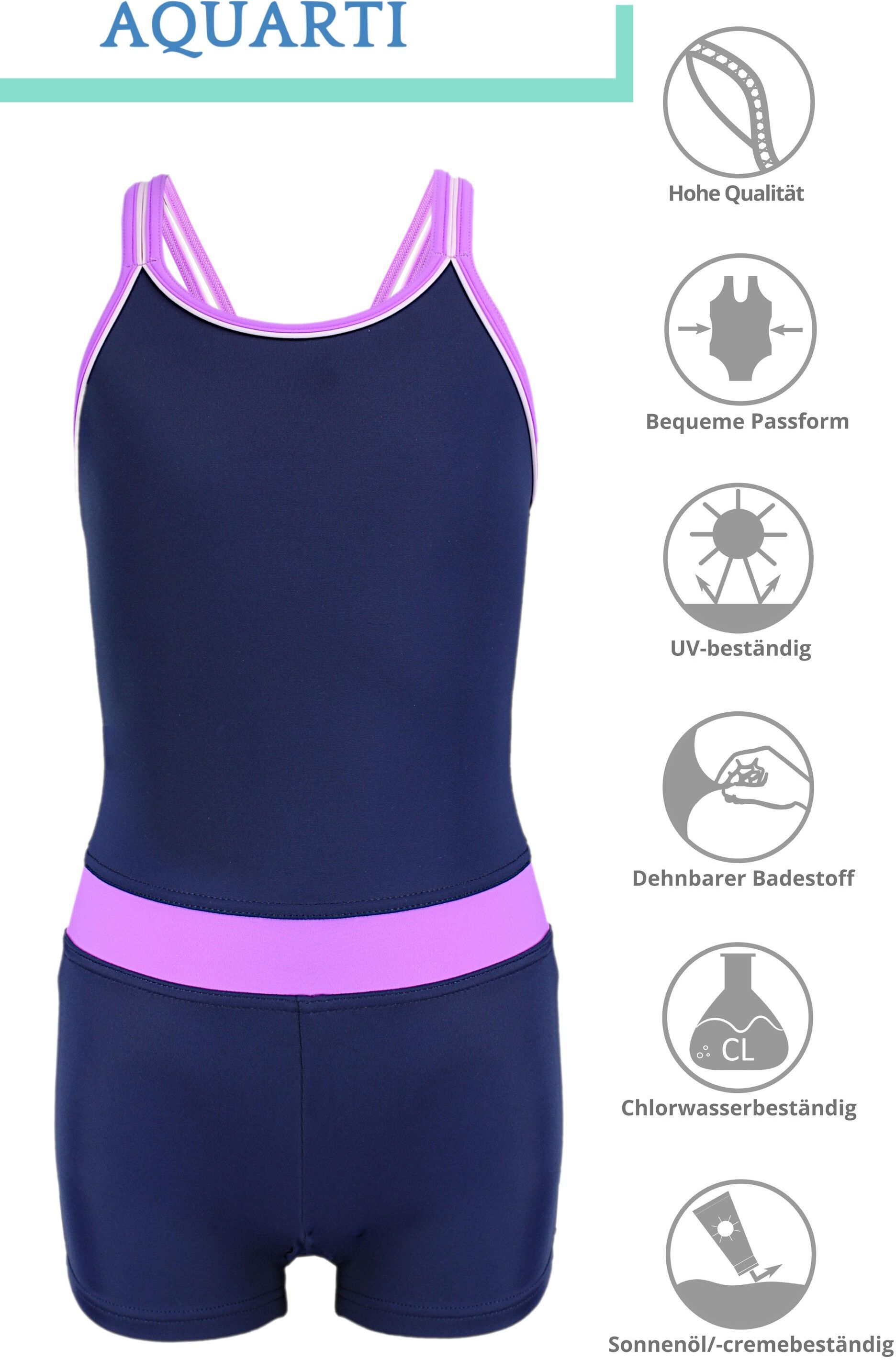Badeanzug AQUARTI "Body Mädchen Badeanzug mit Bein Racerback", Kinder, Gr. 146, N-Gr, blau (dunkelblau, lila), Obermaterial: 80% Polyamid PA. 20% Elasthan EL., Badeanzüge Badeanzug