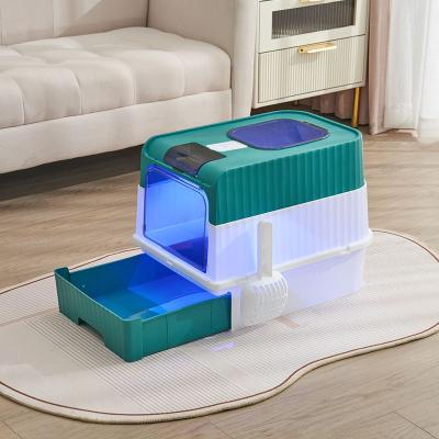 Youfap Market Fully Enclosed Spill Proof Deodorant Cat Toilet, Pet Litter Box Kitten Anti Splash, Plastic Sandbox Bedpan blue