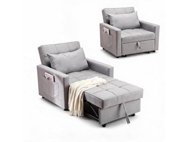 Acekool Schlafsessel 3-in-1 mit Bettfunktion, verstellbare Rückenlehne Klappbarer Einzelsessel mit Kissen & Seitentasche – 86 x 192 cm, als Fernsehsessel, Relaxsessel oder Einzelbett, Hellgrau.
