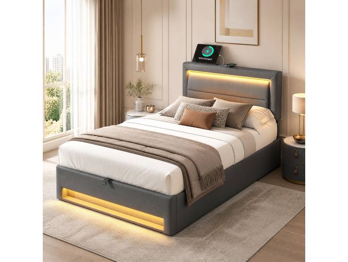 Lit Mezzanine 90/190 Cm Gris Avec Led\, Usb Et Rangement