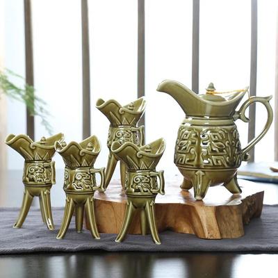 Inspire Select ImperialCharm Retro Ceramic Baijiu Wine Set One Catty Pot With 12 Cups Gift Box Edition olive Green