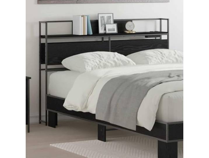 Modernes Kopfteil mit Einlegeböden und Ladestation, Eiche schwarz, Holzwerkstoff, rechteckige Form, ideal für Schlafzimmer.