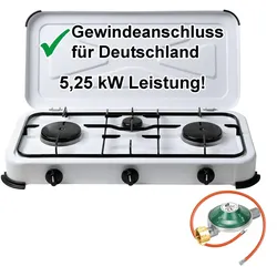 Camping-Gas-Kocher Mobi 3-flammig, weiss  mit Gasschlauch und Gasregler