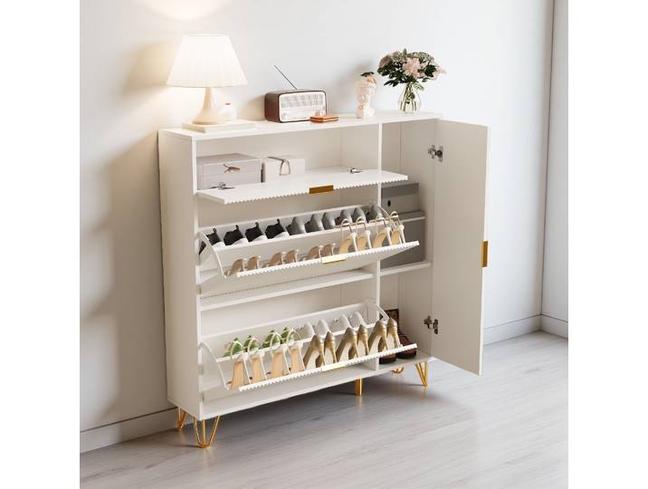 Armoire à chaussures Comanlai avec 3 portes battantes, armoire à chaussures étroite pour gagner de la place, étagère à chaussures en bois pour l'entrée, le couloir, le salon