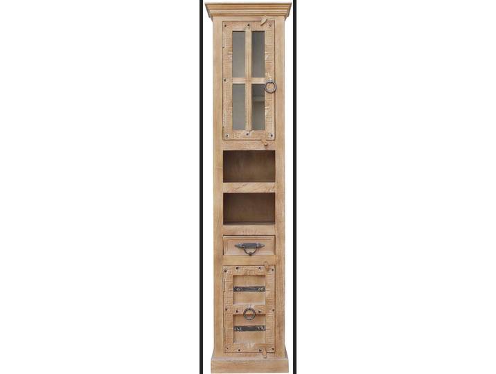 Vitrine SIT Kingston aus Mangoholz mit Glastür, Schublade & Stauraum , beige (natur, antikgrau), B:44cm H:188cm T:35cm, Glas, Massivholz, Schränke, Vitrine, Geschnitzte Verzierungen