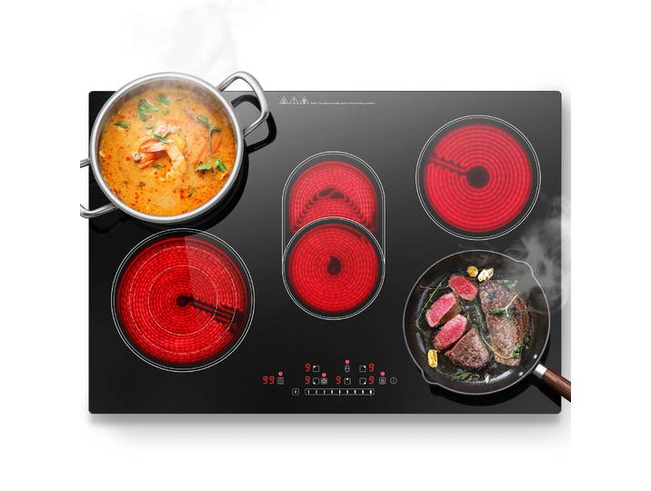 KICHPOWER Plaque de cuisson électrique en céramique 5 zones 77 cm 8 500 W avec commande tactile et verrouillage de sécurité