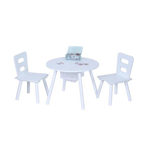 Relaxdays Kindertafel met 2 stoeltjes, wit, MDF en textiel