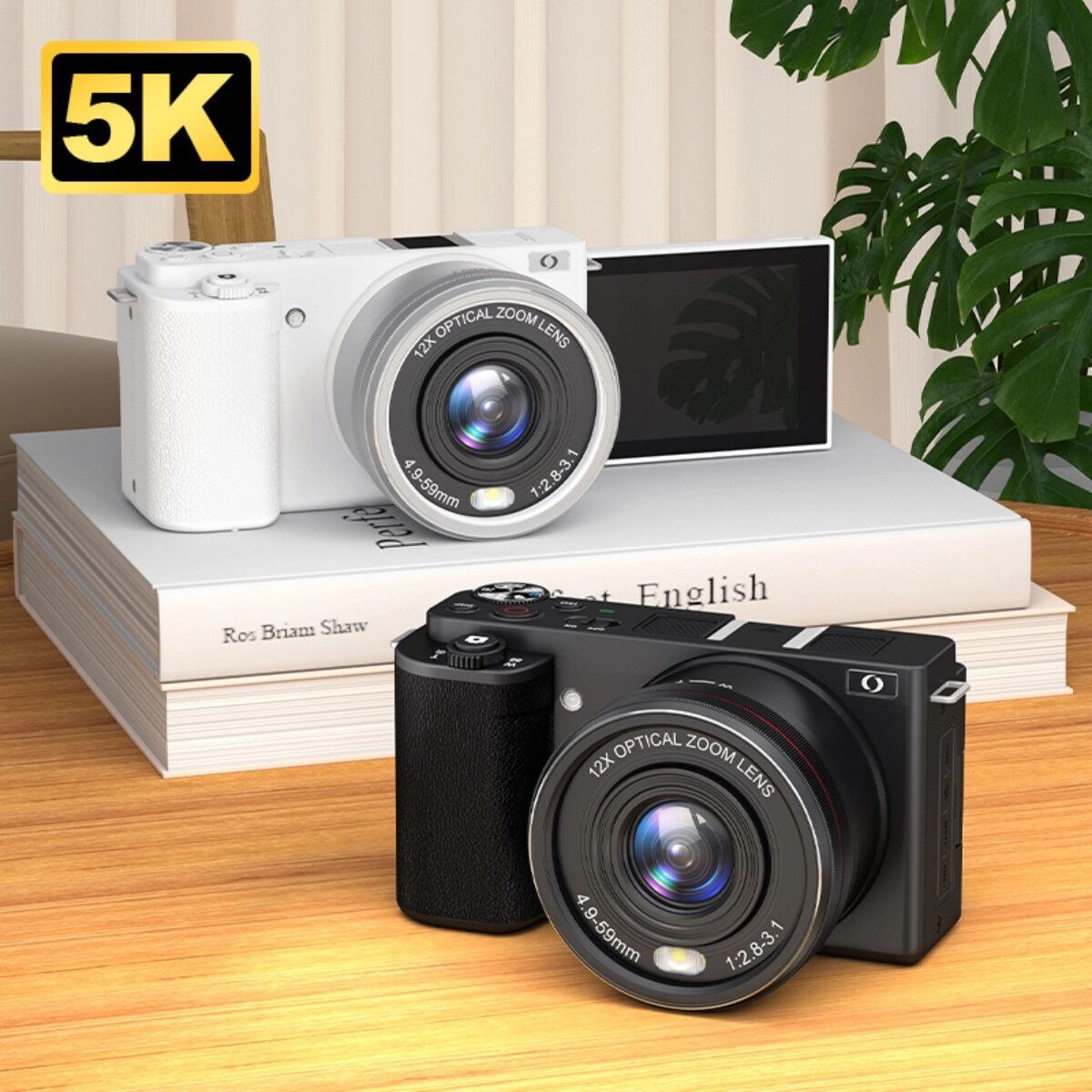 INF Spiegellose Kamera mit 12x optischem Zoom — 72MP, 5K-Video, 180°+270° Klapp-Touchscreen, WiFi, Retro-Ledertasche, schwarz