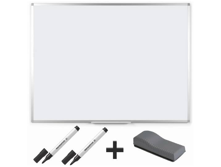 MONDOFFICE Pack Tableau blanc laqué magnétique L.90 x H.60 cm + 2 marqueurs effaçables noirs + 1 brosse magnétique