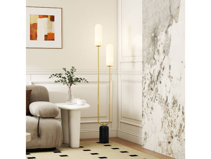 HOMCOM Lampadaire Salon 2 Abat-jours Verre Base Marbre Blanc