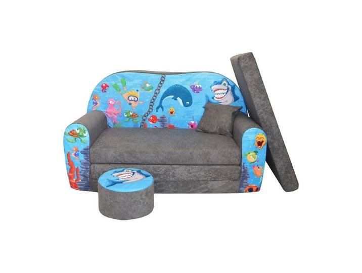 FORTISLINE Kindersitzgruppe Kindersofa Kindercouch Aufklappen Bettfunktion + Hocker W319