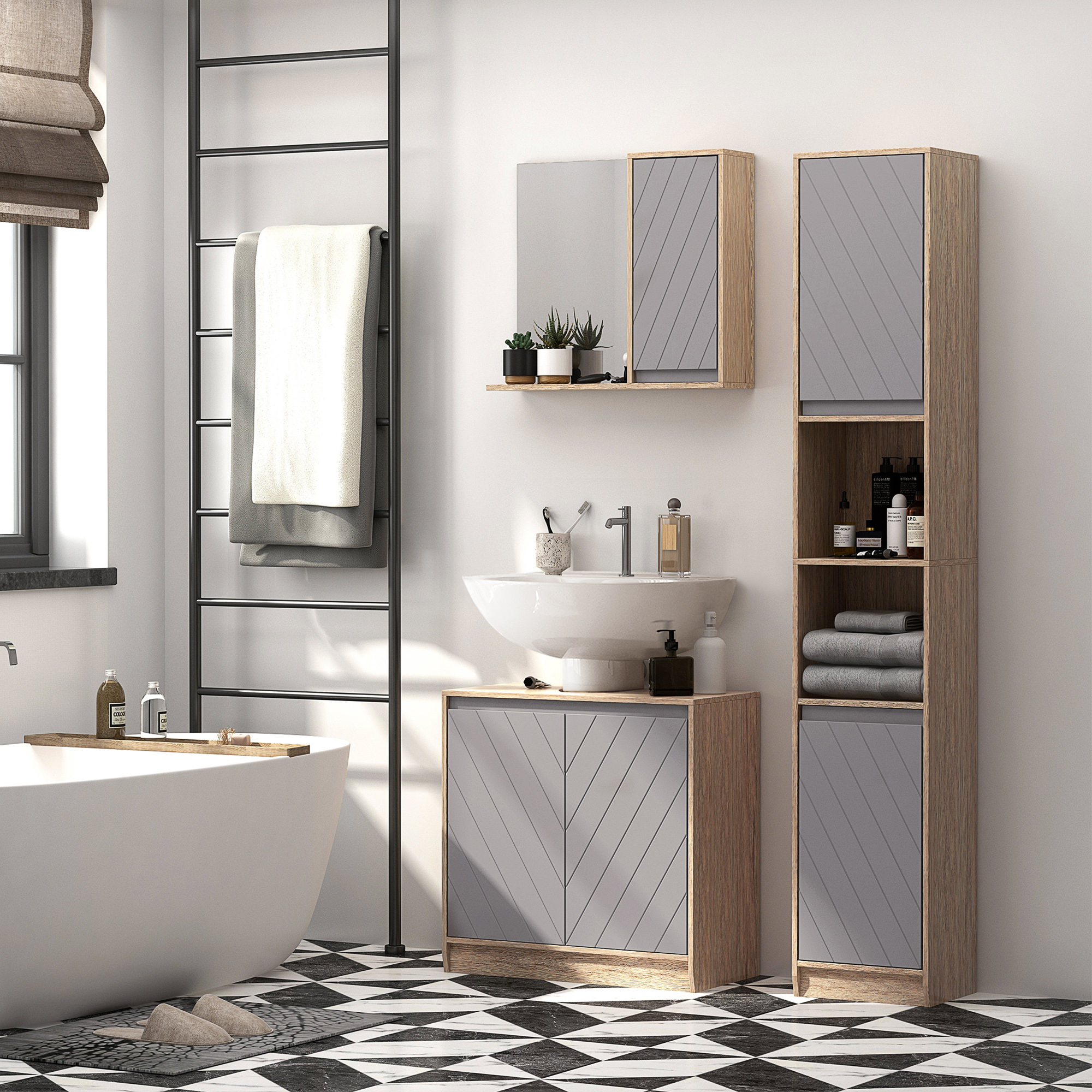 Homcom Armadio da bagno organizzatore per lavabo bagno con doppia porta, mobiletto sottolavabo con ripiano regolabile, 60 x 30 x 60cm Aosom