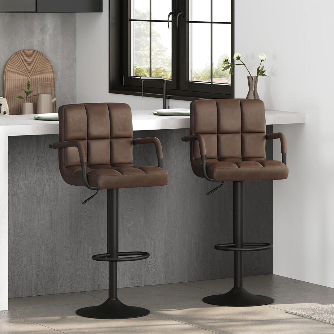 Rio Haymark Swivel Upholstered and Faux Leather Adjustable Height Bar Stool with Steel Frame Dark Brown 51cm W X 41.5cm D