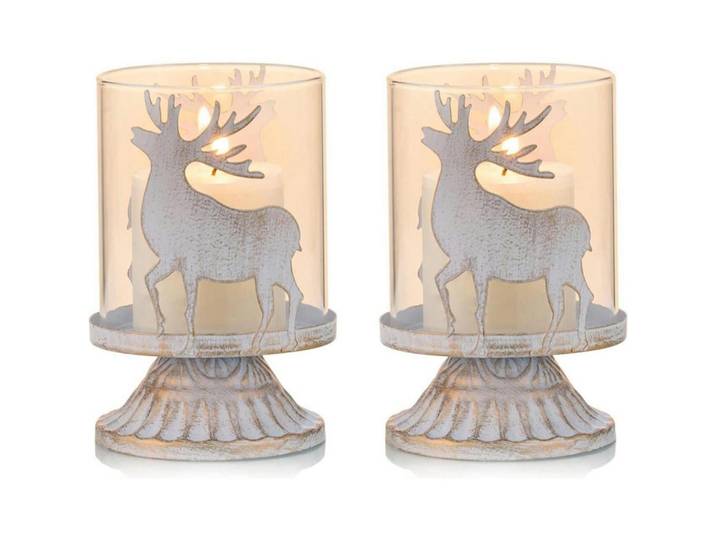 Windlicht 2er Set Hirsch Metall Weiß Vintage 8 cm, 8.1x11.9x8.1 cm, Dekoration, Kerzen & Kerzenhalter, Teelichthalter