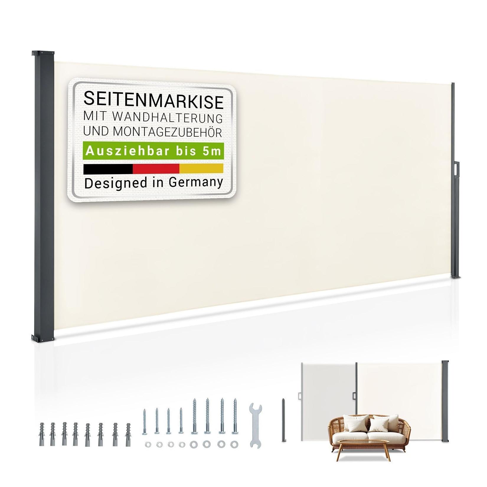 Juskys Seitenmarkise Dubai 500 x 190 cm ausziehbar blickdicht, Sichtschutz Garten, Terrasse beige