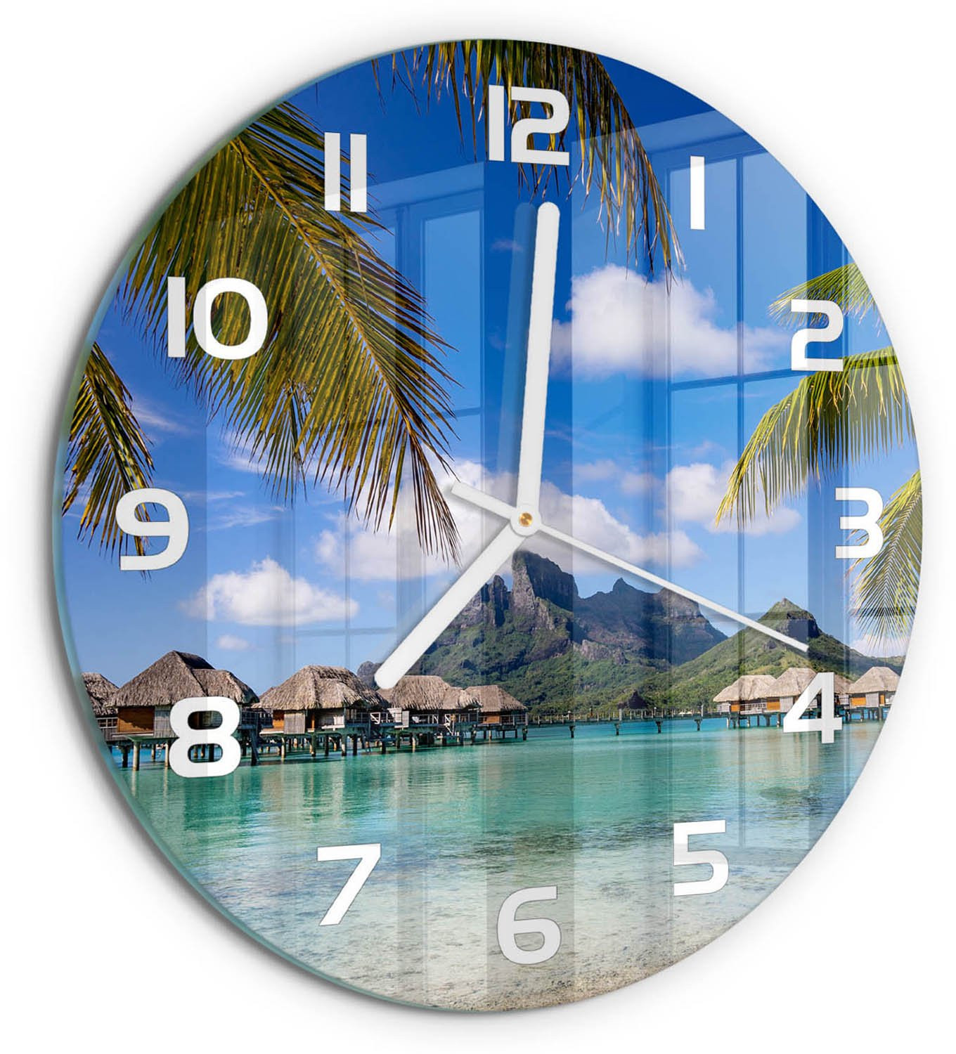 Tulup Wandklok Palmbomen in Bora Bora - Ronde Glazen Wandklok - Veelkleurig - Diameter: 30 cm
