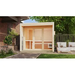 Saunahaus KARIBU "»Armin 3« naturbelassen", beige (naturbelassen), ohne Ofen, ohne Steuerung, (ohne Ofen), Saunen, in verschiedenen Ausführungen erhältlich, Ofen 9 KW externe Strg easy