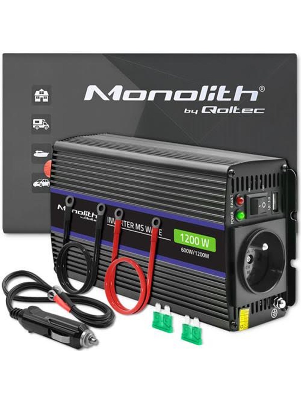 Qoltec Monolith 51925 Spannungswandler - 12 V DC auf 230 V AC - 600 W - USB