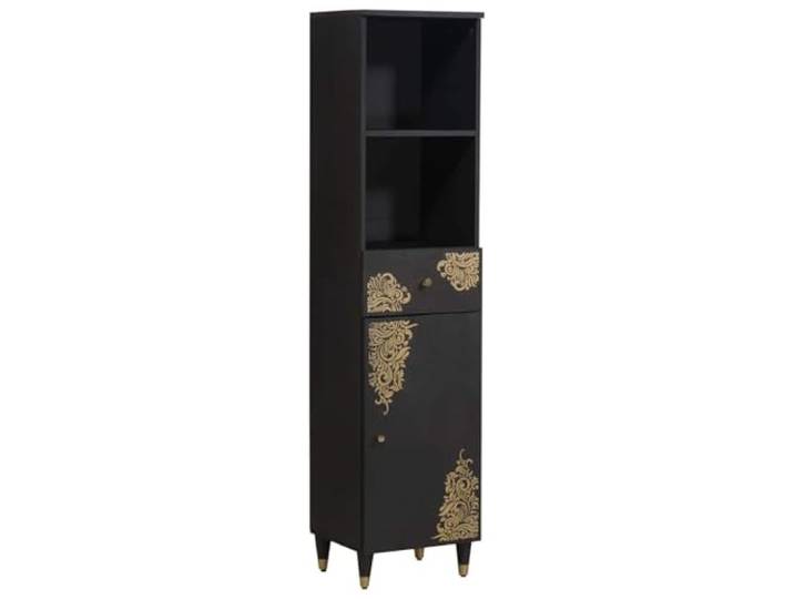 Jkghdrt Badezimmerschrank Schwarz 38x33x160 cm Massivholz Mango Sideboard Goldene Druckmuster, Messingdetails, stabiler Stand, pflegeleichte Oberflaeche, vielseitig nutzbar