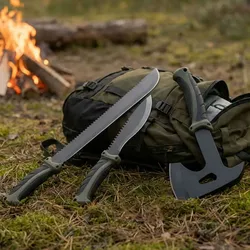Survival Set - Beil, Messer & Machete mit 3 Gürtelscheiden, Wetzstein & Profi-Feuerstahl  mit Schaber - für Outdoor, Camping und Abenteuer