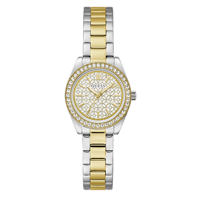 Quarzuhr GUESS "MINI LUNA", gold (silberfarben, weiß), Armbanduhren, Damen, Quarzuhr, Armbanduhr, Damenuhr, Edelstahlarmband, analog