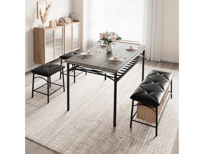 GarveeHome Esstisch-Set Mit Sitzbank & 2 Hockern MDF-Platte Stahlgestell PU-Leder Wasserabweisend Platzsparend Stauraum Kleine Küche Vielseitig Als Schreibtisch Bartisch Oder Arbeitstisch,Grau