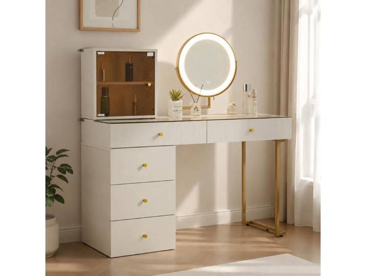 HOMVRA Coiffeuse 120x45x115 cm avec miroir LED 3 couleurs verre trempé rangement blanc et doré