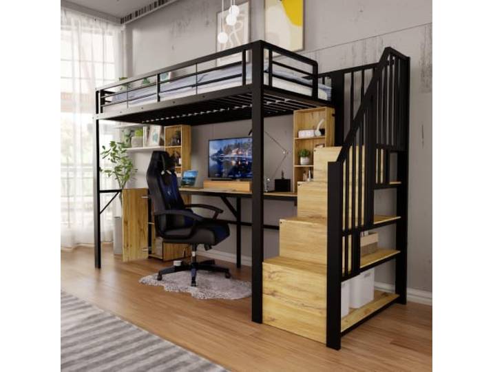 FAVSH Hochbett 90x200 cm mit Stauraum, Stabiler Eisenkonstruktion, Schreibtisch, Ablagefächern, Schrank und Stauraumtreppe, USB-Ladeanschluss am Tisch, ohne Matratze, Schwarz