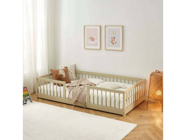 Lit enfant avec barrières EDEN pin massif beige 90x190 sommier inclus