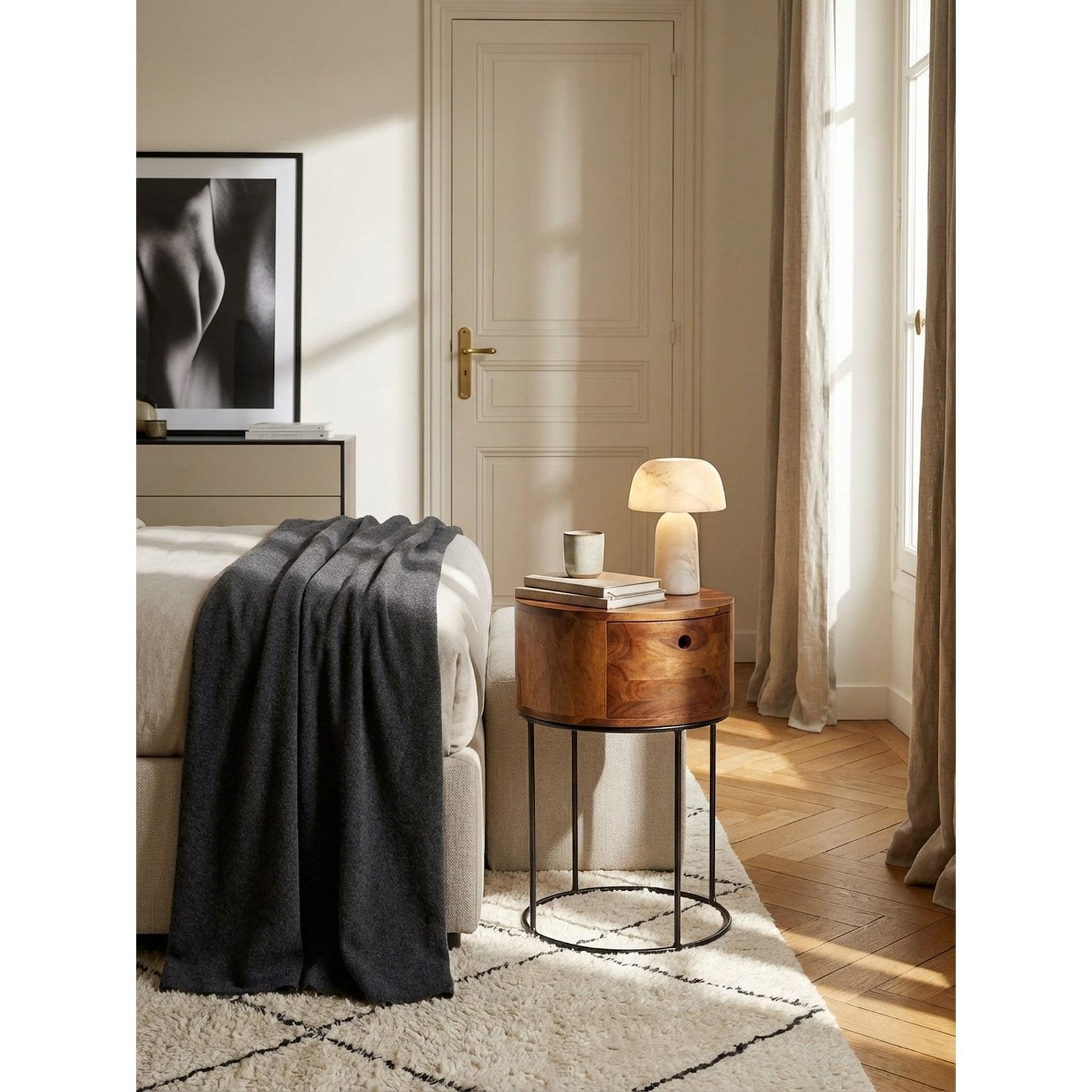 Nachttisch Mango Massivholz Metall Rund Schublade Stauraum, Dunkelbraun 40x40x60 cm