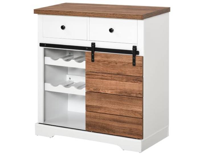 HOMCOM Küchenschrank Sideboard mit 2 Schubladen Weinregale Schiebetür Kommode verstellbaren Ablagen Aufbewahrungsschrank rustikal Weiß 80 x 39 x 86 cm