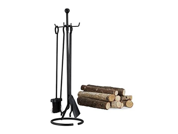 Relaxdays Ensemble serviteur de cheminée 5 pièces accessoire acier pince pelle balai tisonnier\, noir