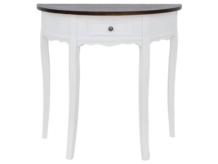 Konsolentisch mit Schublade, halbrunde Platte, Weiß und Braun MDF und Kiefernholz, weiße Lackierung, braune Streifen, Wandbefestigung, Wohnzimmer, Flur