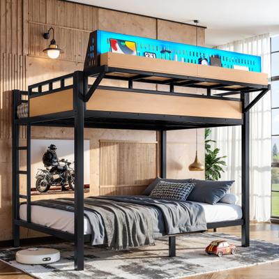 GREATPLANINC Heavy Duty Metal Bunk Bed with Storage Shelves Pegboard USB Ports LED Lights
