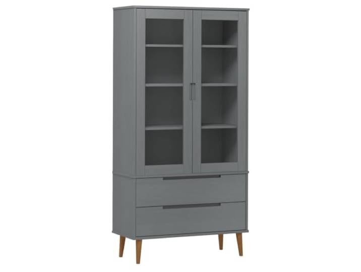 GFMGUEMV Vitrinenschrank MOLDE Grau Massivholz Kiefer 90x35x175 cm mit 2 Schubladen und 4 Fächern, Vitrinenschrank mit Glastüren im skandinavischen Design, UV-Lackierung für luxuriöse Optik