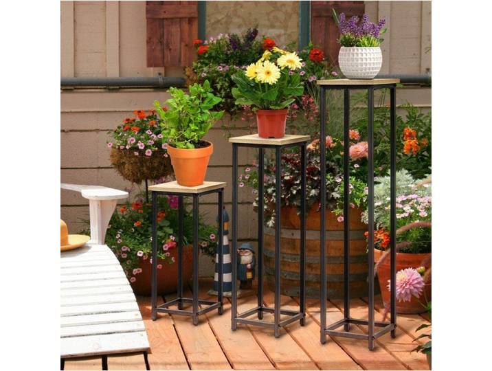 Lot de 3 supports pour plantes empilables en acier noir et aspect bois 21 x 21 cm