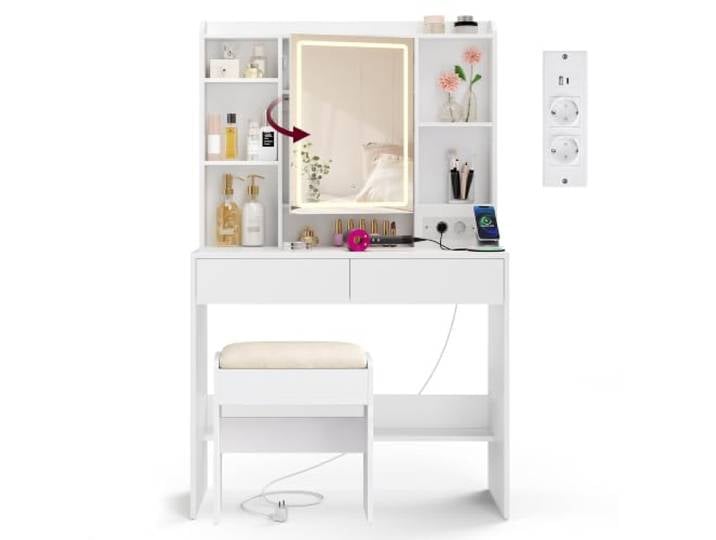 VASAGLE Schminktisch mit Beleuchtung und Hocker Set Kosmetiktisch mit Spiegel und 2 Schubladen, Steckdosen, Gepolsterter Hocker, für Schlafzimmer, Weiß RDT143WB01-01