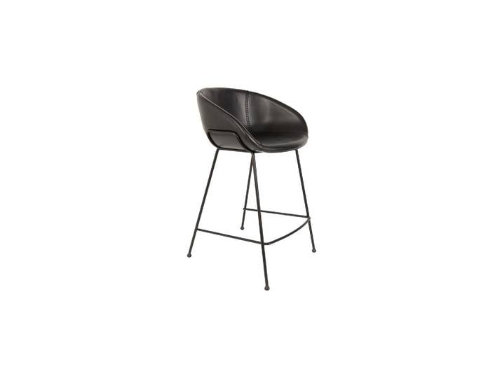 Tabouret de comptoir en cuir noir, assise baquet, coutures décora