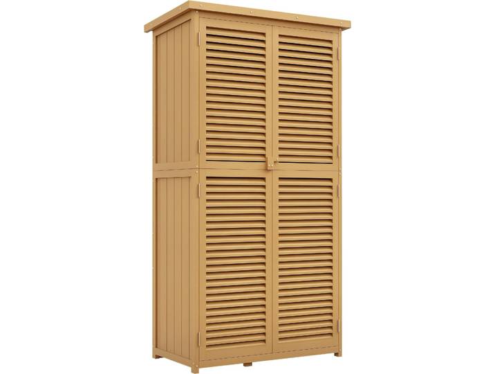 Outsunny Gartenschrank Holz Geräteschuppen 4 Fächer mit Asphaltdach Hellgelb