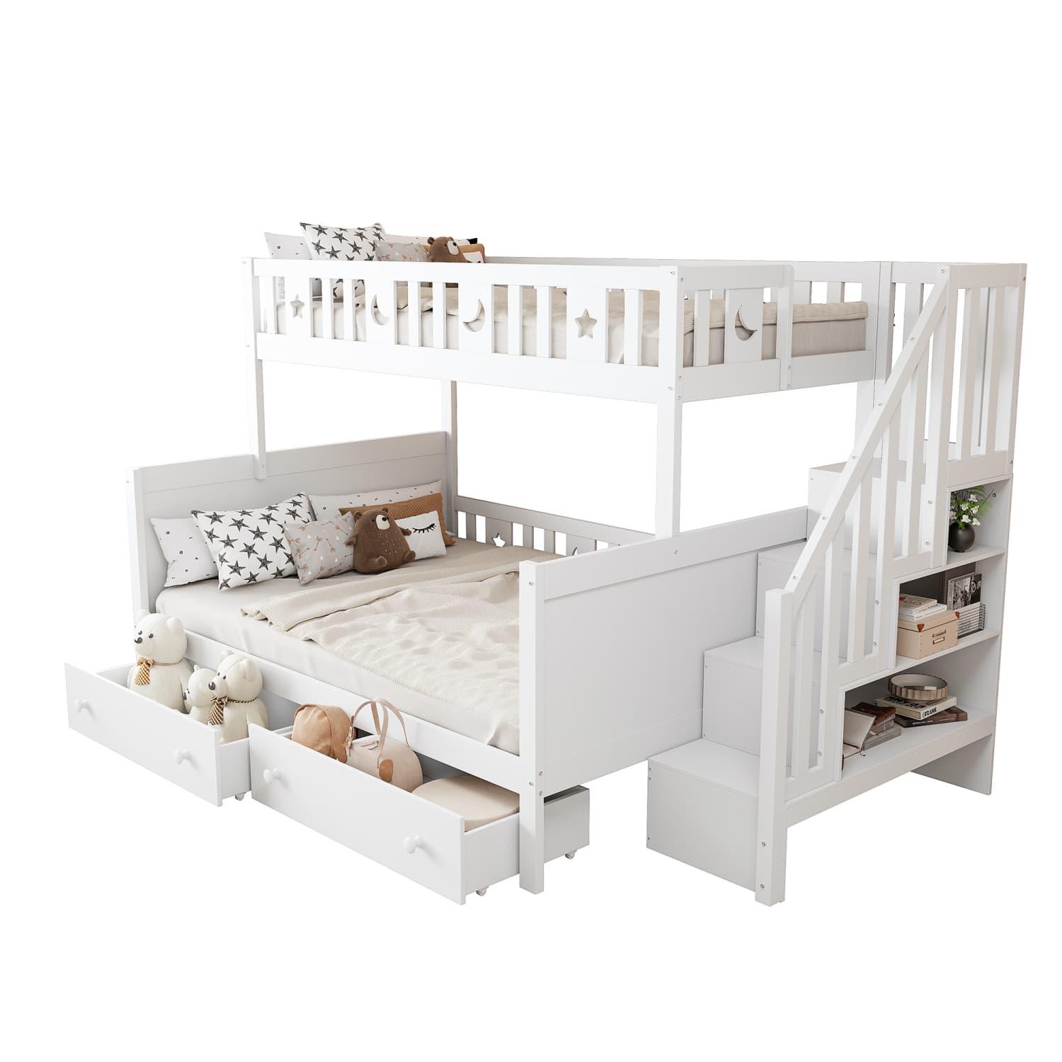 Kinderbett 90*200/140*200cm, Etagenbett aus Massivholz mit Sicherheitstreppe, zwei großen Schubladen und Lattenrost, weiß