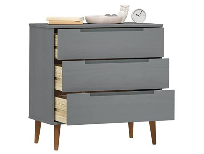 Molde Kommode Grau 80 x 40 x 80 cm Massivholz Kiefer 3 Schubladen UV Lack, stabile Tischplatte für Dekorationen, großer Stauraum, inkl. Wandbefestigung