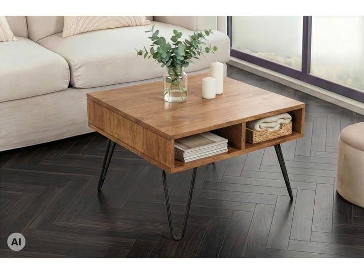 Massiver Couchtisch SCORPION 60cm braun honey finish Mangoholz mit Hairpin Legs rechteckig Sofatisch Wohnzimmertisch Modern & Design