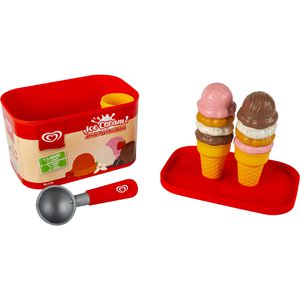 casdon Kaufladen-Zubehör Langnese Eisbecher, 8 Eiskugeln in 4 Sorten, 2 Waffelbecher und Eisportionierer